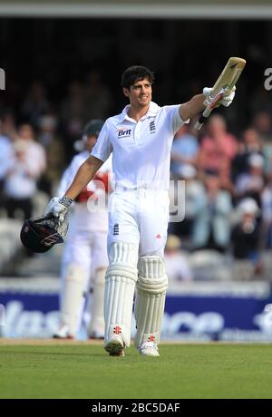 England's Alastair Cook celebrates scoring a century Stock Photo