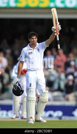 England's Alastair Cook celebrates scoring a century Stock Photo