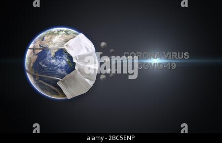 Head title Corona Virus with light flare. Planet Earth wearing face mask to protect the globe. World medical concept.  3D Render Earth wearing Face Ma Stock Photo