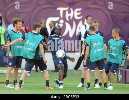 Italy's Mario Balotelli during training at the Olympic Stadium in Kiev ahead of their Final match against Spain Stock Photo