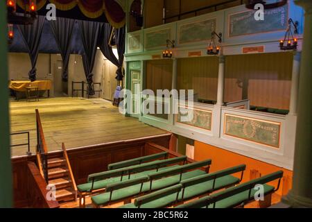 View of the stage at the historic Georgian Theatre Royal, one of Britain's oldest theatres, built 1788, Richmond, North Yorkshire, England Stock Photo