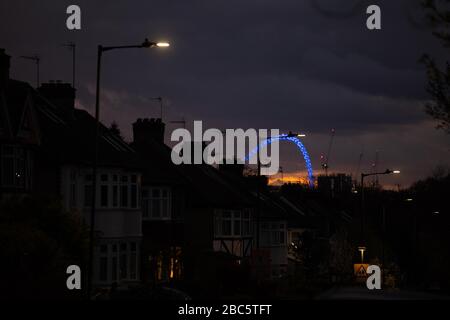 London, UK. 02nd Feb, 2020. The iconic Wembley Stadium arch lit up blue to celebrate frontline NHS workers as part of the Clap for Carers event. Credit: David Parry/Alamy Live News Stock Photo