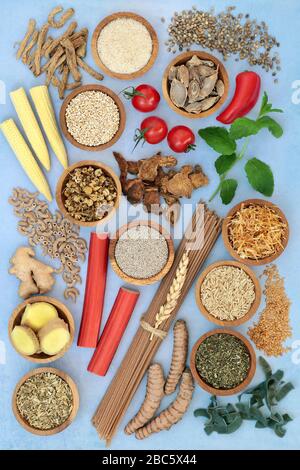Health food to ease irritable bowel syndrome. Healthy foods high in antioxidants, protein, dietary fiber, vitamins, minerals, omega 3 & smart carbs. Stock Photo