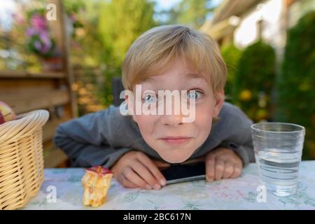 Young handsome boy with phone looking surprised in the backyard Stock Photo