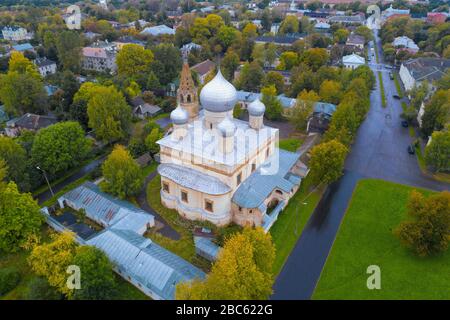 Znamensky Cathedral in the cityscape on a September day (aerial photography). Veliky Novgorod, Russia