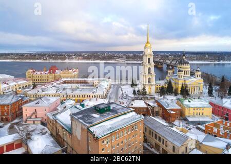 View of the historic center of Rybinsk on a cloudy January day (shooting from a quadrocopter). Yaroslavl region, Russia Stock Photo