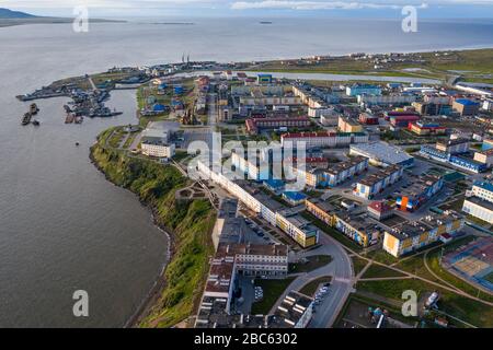 Anadyr, Russia - July 23, 2019: View of residential quarters of the city of Anadyr. Shooting from above drone. Stock Photo