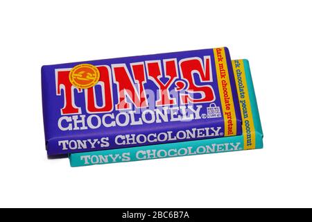 Bars of Tony's Chocolonely chocolate bars isolated on a white background. cutout image for illustration and editorial use. Stock Photo