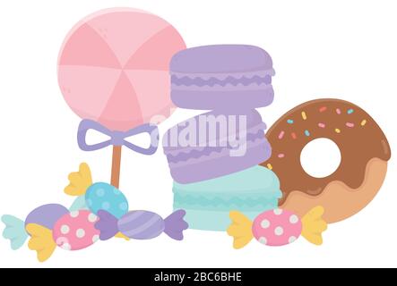 candy in stick caramels donuts and macaroons sweet confectionery isolated icon vector illustration Stock Vector