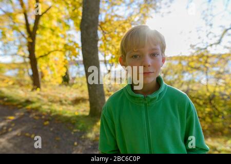 Young handsome boy at the park in autumn Stock Photo