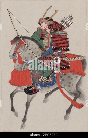 English Samurai On Horseback Wearing Armor And Horned Helmet Carrying Bow And Arrows 日本語 武士は馬に乗る 彼は鎧と角のあるヘルメットをかぶり 弓と矢を持っている Circa 1878 Date Qs P 1878 00 00t00 00 00z