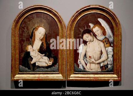 Diptych of the Mother of God (Milk Giver) and the Pity of Christ. (C. 1500) Unknown artist, oil on board paint. Netherlands. Monastery of Pedralbes Stock Photo