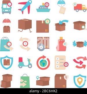 airplane and delivery icon set over white background, flat style, vector illustration Stock Vector