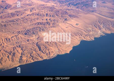 Aerial view of the Kingdom of Jordan from the gulf of Aqaba Red Sea Stock Photo