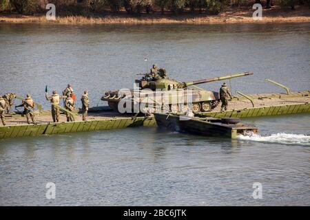 NEAR TITEL, SERBIA - NOVEMBER 06 2018; Serbian Army main battle tank M84 (version of Soviet T-72) crews during river fleet. Serbia will mark the 100th Stock Photo