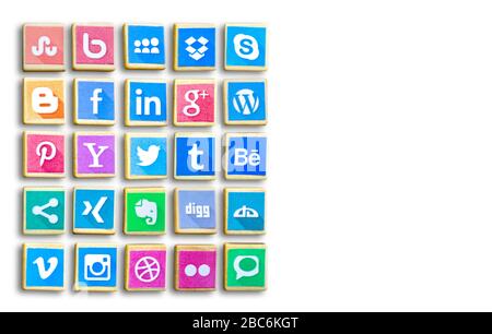 PORT ELIZABETH, EASTERN CAPE, SOUTH AFRICA - APRIL 03 2020: Social Media logotype popular collection printed and place on wood toy blocks isolated on Stock Photo