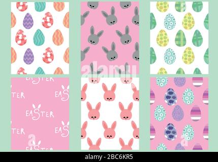 Set of Easter patterns. Colored eggs and rabbits. Pink and white design for cards, flyers, greetings. Stock Vector