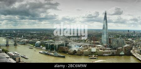 Panoramic view across the River Thames of Tower Bridge, HMS Belfast, The Shard and London Bridge from The Sky Garden viewing platform Stock Photo