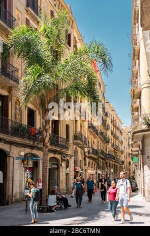 BARCELONA, SPAIN - JUNE 04, 2019: People Visiting The Gothic Quarter Which Is The Historic Centre Of The Old City Of Barcelona Stock Photo