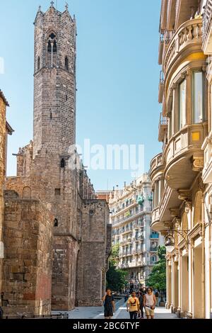 BARCELONA, SPAIN - JUNE 04, 2019: People Visiting The Gothic Quarter Which Is The Historic Centre Of The Old City Of Barcelona Stock Photo