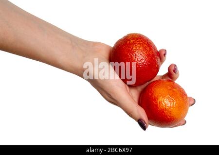 Cropped view of woman holding two oranges in hand isolated on white background with clipping path Stock Photo
