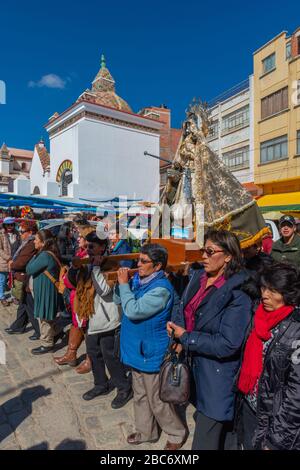 The yearly Car Blessing  in front of the Basilica Virgen de Copacabana, Copacabana town, Lake Titicaca, Department La Paz, Bolivia, Latin America Stock Photo