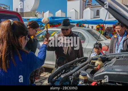 The yearly Car Blessing  in front of the Basilica Virgen de Copacabana, Copacabana town, Lake Titicaca, Department La Paz, Bolivia, Latin America Stock Photo
