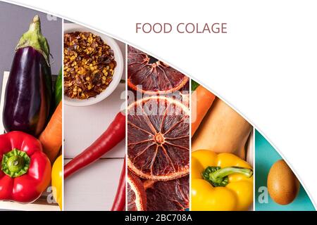 Food Collage made with different vegetables and dry food, in the form of vertical stripes, with copy space for text. Healthy food concept. Stock Photo