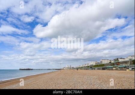 Brighton UK 3rd April 2020 - Brighton beach looking quiet on day eleven of the governments lockdown in the UK during the Coronavirus COVID-19 pandemic crisis . The weather is forecast to warm up over the weekend with temperatures expected to reach twenty degrees on Sunday . Credit: Simon Dack / Alamy Live News Stock Photo