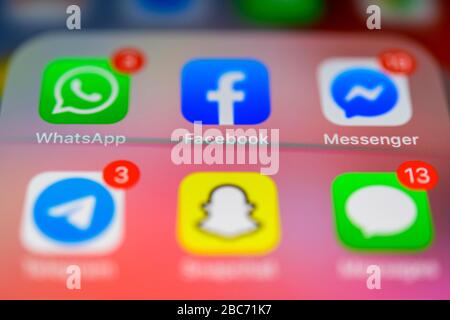 Facebook, Telegram and WhatsApp, social apps, app icons, display on mobile phone, smartphone, detail, full format Stock Photo