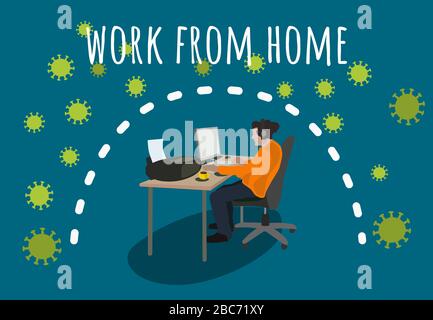 Vector flat design colorful man hipster working at home for againts corona virus(covid-19) for any design Stock Vector