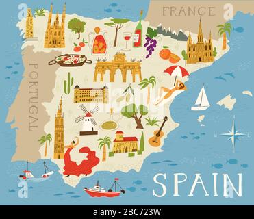 Vector map of Spain with culture points Stock Vector