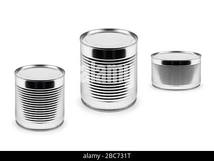 metal cans of different roominess  isolated on white background Stock Photo