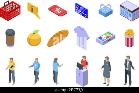 Shop assistant icons set, isometric style Stock Vector