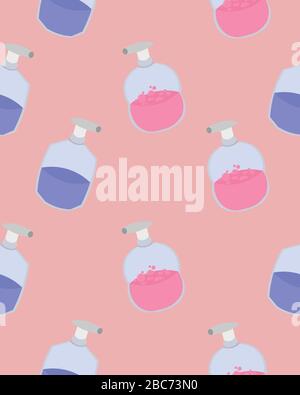 Soap and antiseptic on a pink background. Seamless pattern. Design for hygiene products, cosmetics, spa salon and medicine. Stock Vector