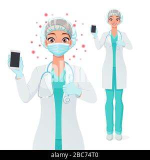 Medical doctor in mask showing blank smartphone screen with thumb up. Isolated vector illustration. Stock Vector