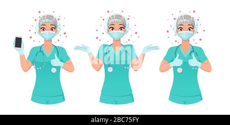 Nurse in mask, cap and gloves shows smartphone screen, thumbs up, shrugs. Protection from coronavirus. Vector set. Stock Vector