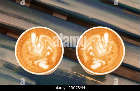 Cappuccino coffee latte art in paper cups , on rustic wooden bench, outdoor. Stock Photo