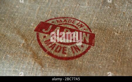 Made in Japan stamp printed on linen sack. Factory, manufacturing and production country concept. Stock Photo