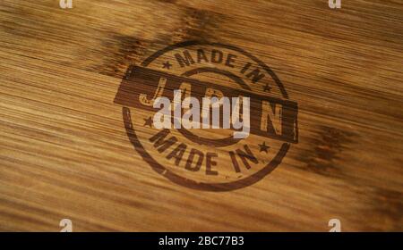 Made in Japan stamp printed on wooden box. Factory, manufacturing and production country concept. Stock Photo