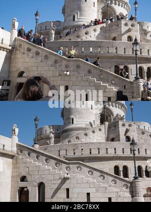 Budapest, Sept. 27. 2nd Apr, 2020. Combo photo shows tourists visiting the Fisherman's Bastion in Budapest, Hungary, Sept. 27, 2018 (top) and the same place during the COVID-19 pandemic on April 2, 2020. Credit: Attila Volgyi/Xinhua/Alamy Live News Stock Photo