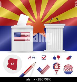 Presidential elections in Arizona. Vector waving flag, realistic ballot box, public speaker's podium, silhouette map and voting icon set. Stock Vector