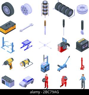 Tire fitting icons set, isometric style Stock Vector