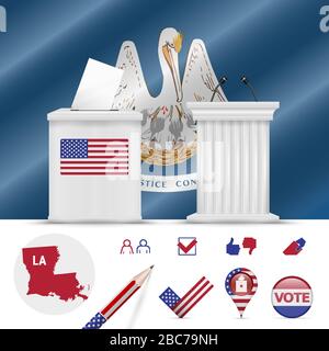 Presidential elections in Louisiana. Vector waving flag, realistic ballot box, public speaker's podium, silhouette map and voting icon set. Stock Vector