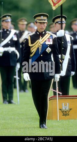 HRH Prince of Wales, Prince Charles as Colonel-in-chief, 5th Royal Inniskilling Dragoon Guards, Tidworth, England 12th June 1985 Stock Photo