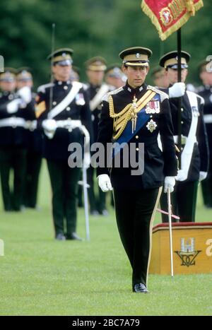 HRH Prince of Wales, Prince Charles as Colonel-in-chief, 5th Royal Inniskilling Dragoon Guards, Tidworth, England 12th June 1985 Stock Photo