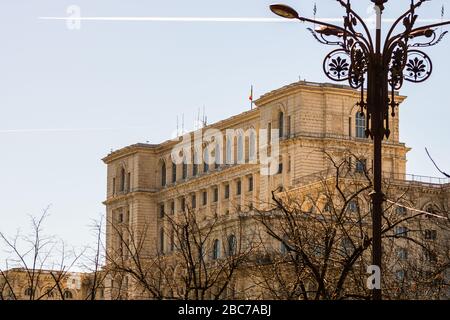 Detail photo of the famous Palace of the Parliament (Palatul Parlamentului) in Bucharest, capital of Romania Stock Photo