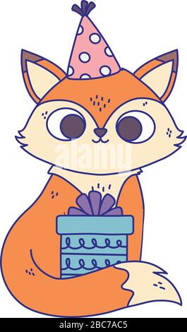 happy birthday cute little fox with gift box animal cartoon vector ...
