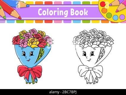 Coloring book for kids. Bouquet of flowers roses on wrapping paper with bow. Cartoon character. Vector illustration. Black contour silhouette. Isolate Stock Vector