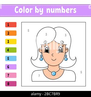 Color by numbers. Beautiful girl. Activity worksheet. Game for children. Cartoon character. Vector illustration. Stock Vector